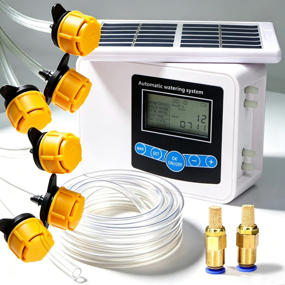 Home Garden Dual-Pumps USB/Solar Powered Timer Drip Watering System for Balcony Potted Plants Flower Automatic Irrigation Kits