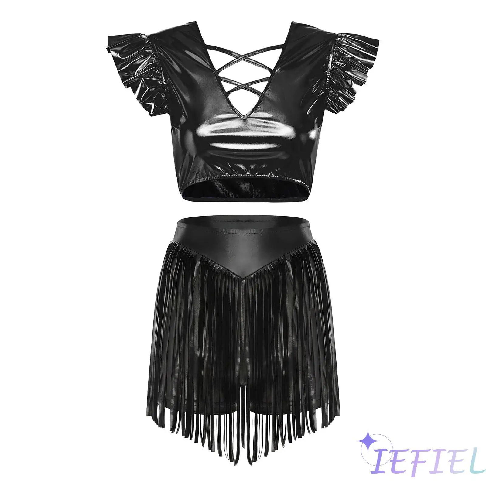 

Womens Metallic Jazz Hip Hop Dance Outfit V-shaped Cutout Ruffled Fly Sleeve Crop Top and Shorts for Rock Disco Dance Clubwear