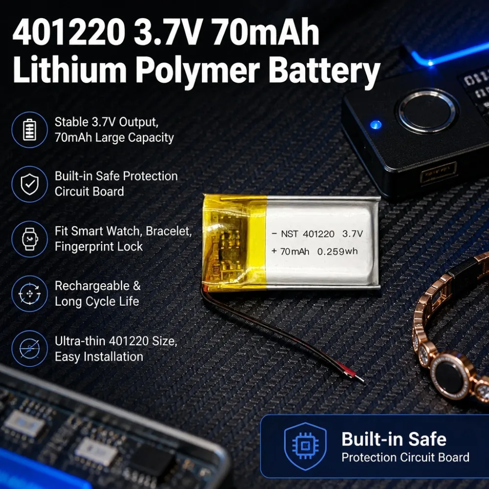 401220 70mAh 3.7V Li Polymer Replacement Battery Safe Protection Board For Smart Wearable Bracelet Fingerprint Lock