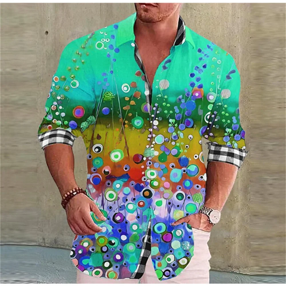 Fashionable Men's Long Sleeved Lapel Colorful Flower Design Casual Shirt Soft Comfortable Silky and Smooth Trendy Men's Shirt