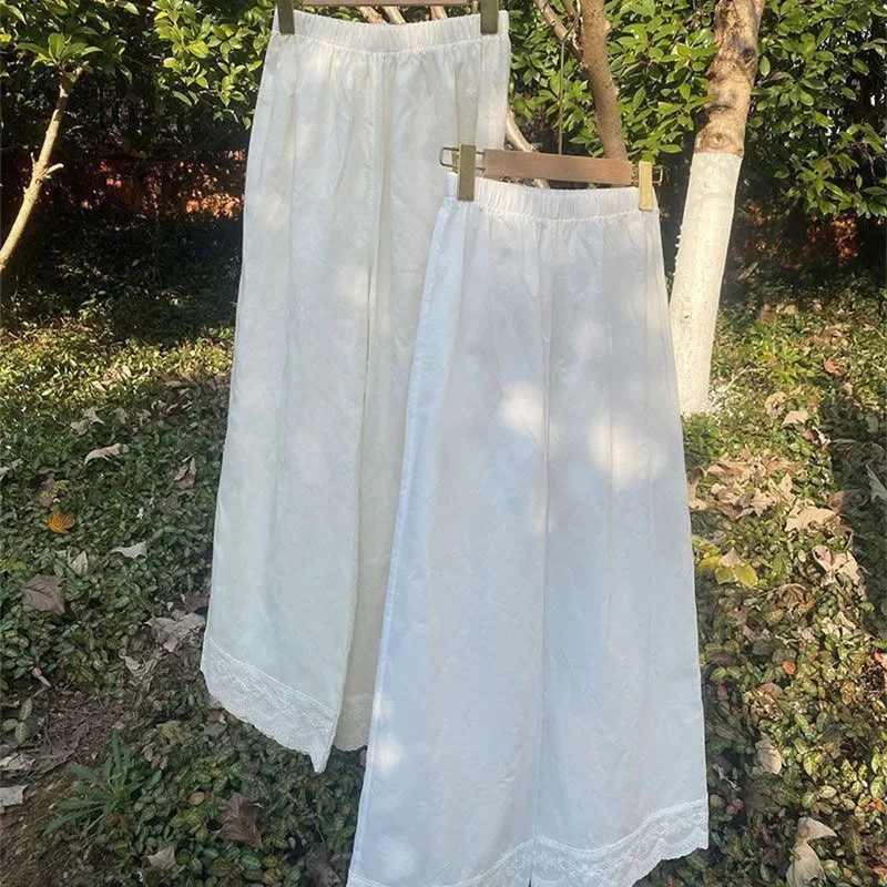 Spring Summer Women Cotton Linen Trousers Home Casual Pants Lace Embroidered Wide Leg Pants Loose Ankle-Length Pants for Women