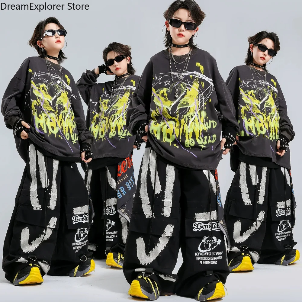 Hip Hop Boys Loose Sweatshirt Graffiti Cargo Pants Girls K-pop Street Dance Costumes Children Streetwear Kids Jazz Clothes Sets