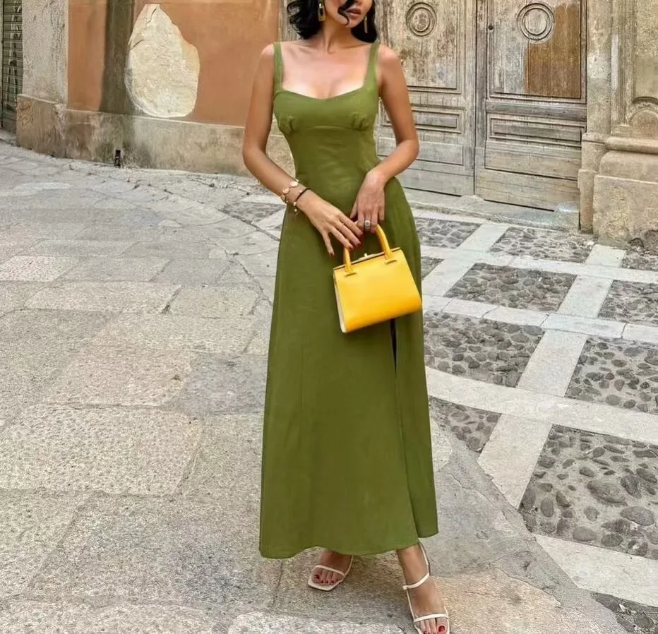 

2024 Autumn Fashion New Women's European And American Style Casual Linen Shoulder Strap Long Dress Street Style Suspender Skirt