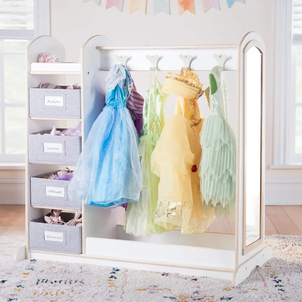

White Storage Cabinet with Mirror, Hooks, and Bin Organizer for Kids' Costumes and Playroom