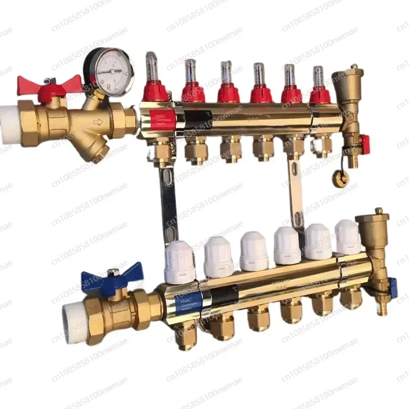 Brass profile floor heating water separator Visual floating value flowmeter Adjustable temperature control water collector