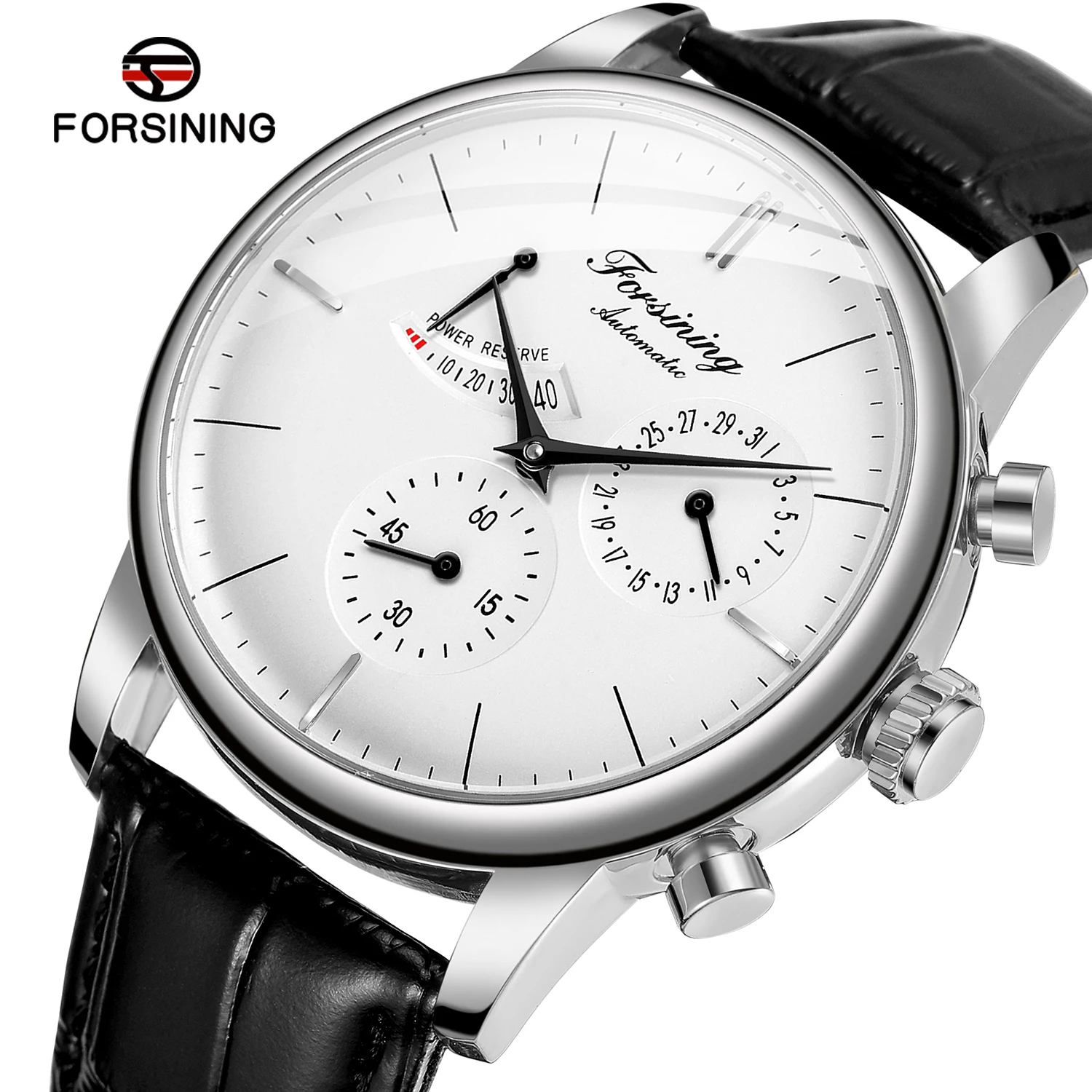 FORSINING Fashion Power Reserve Watch for Man Automatic Mechanical Date Multi Dial Leather Strap Waterproof Casual Male Watches