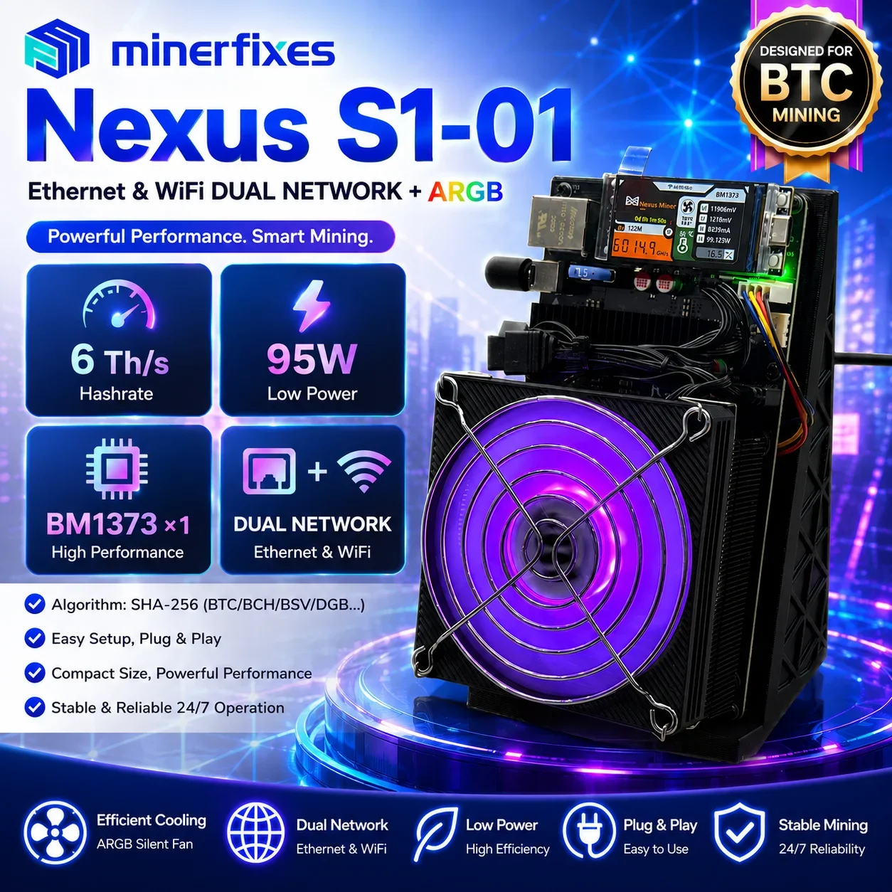 BTC Miner Nexus S1-01 6Th/s BM1373 Miner 95W Ethernet WiFi Dual Network ARGB Home Crypto Mining Machine Bitcoin Mining Machine