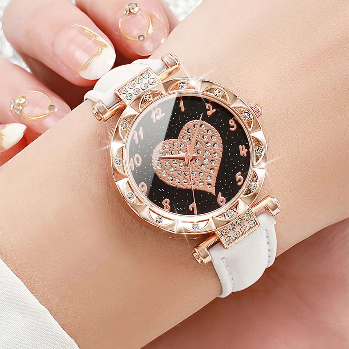 3PCs/Set Fashion Watch Women\'s Romantic Love Dial Leather Quartz Watch