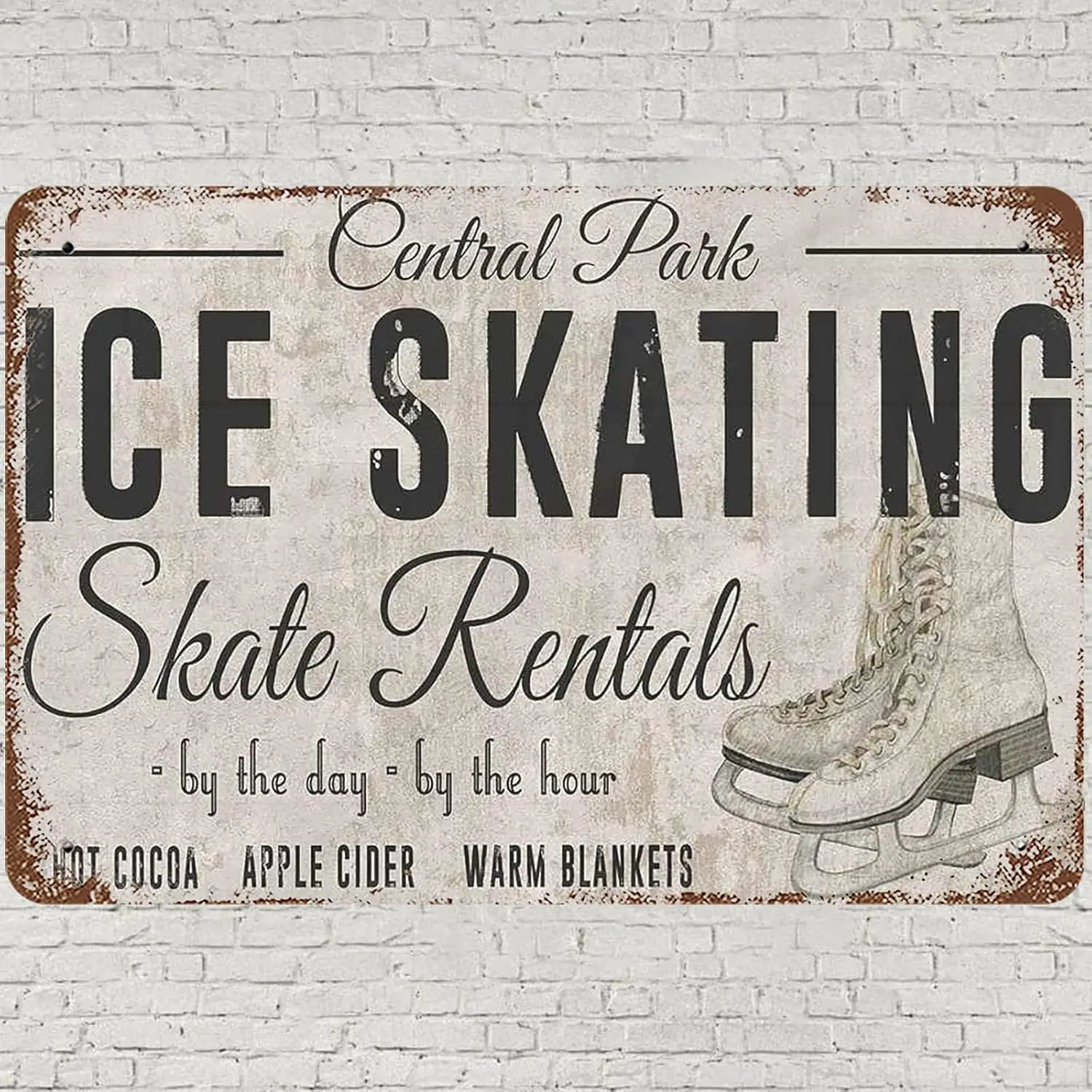 Vintage Metal Tin Sign , Central Park Ice Skating Wall Art Decor, Skate Rentals Ice Skate Theme Poster for Home Living Room Bedr