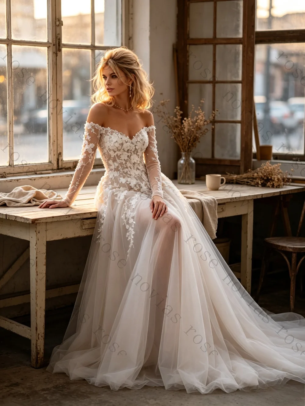 Customized Off Shoulder Lace Applique A Line Wedding Dress 2026 Elegant Bridal Gown with Train Luxury Bride Dress for Women