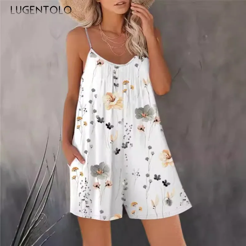 

Women Summer Loose Rompers Fashion Print New Straight Suspenders Sleeveless Female Casual Thin Pullover Beach Playsuits