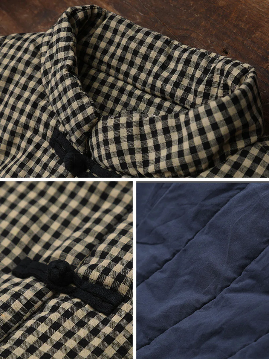 Литературное хлопково-льняное утолщенное стеганое длинное пальто в клетку, женская зимняя китайская однорядная свободная куртка с пряжкой и карманами