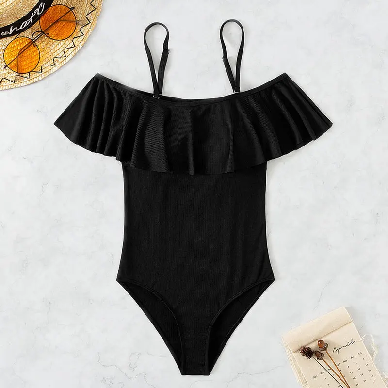 2025 New One-piece Bikini Set Sexy Women Ruffles Sling Swimsuit Solid Backless Swimwear Summer Tight Push Up Beach Bathing Suit