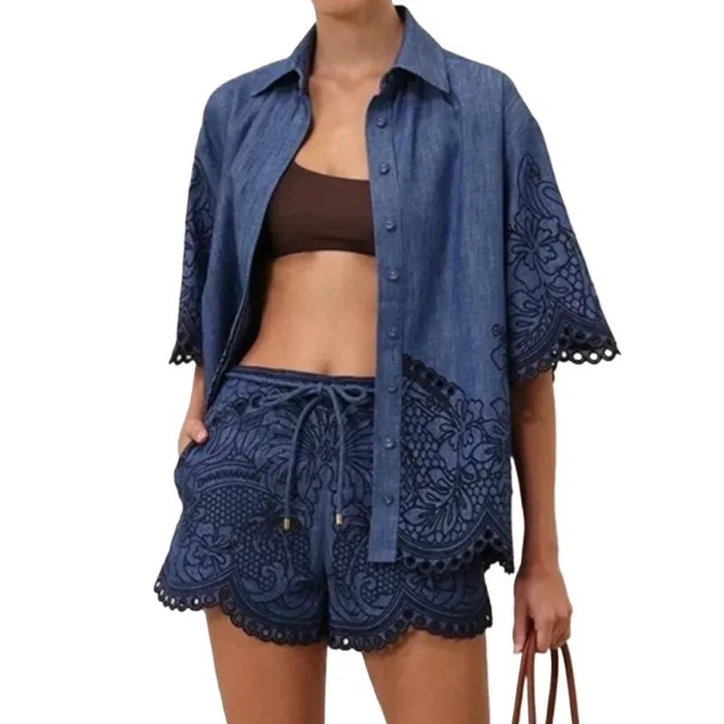 

2025 New Beach Style High Quality Pure Cotton Embroidery Lace-up Turn-down Collar Blouse and Shorts Women Outfit