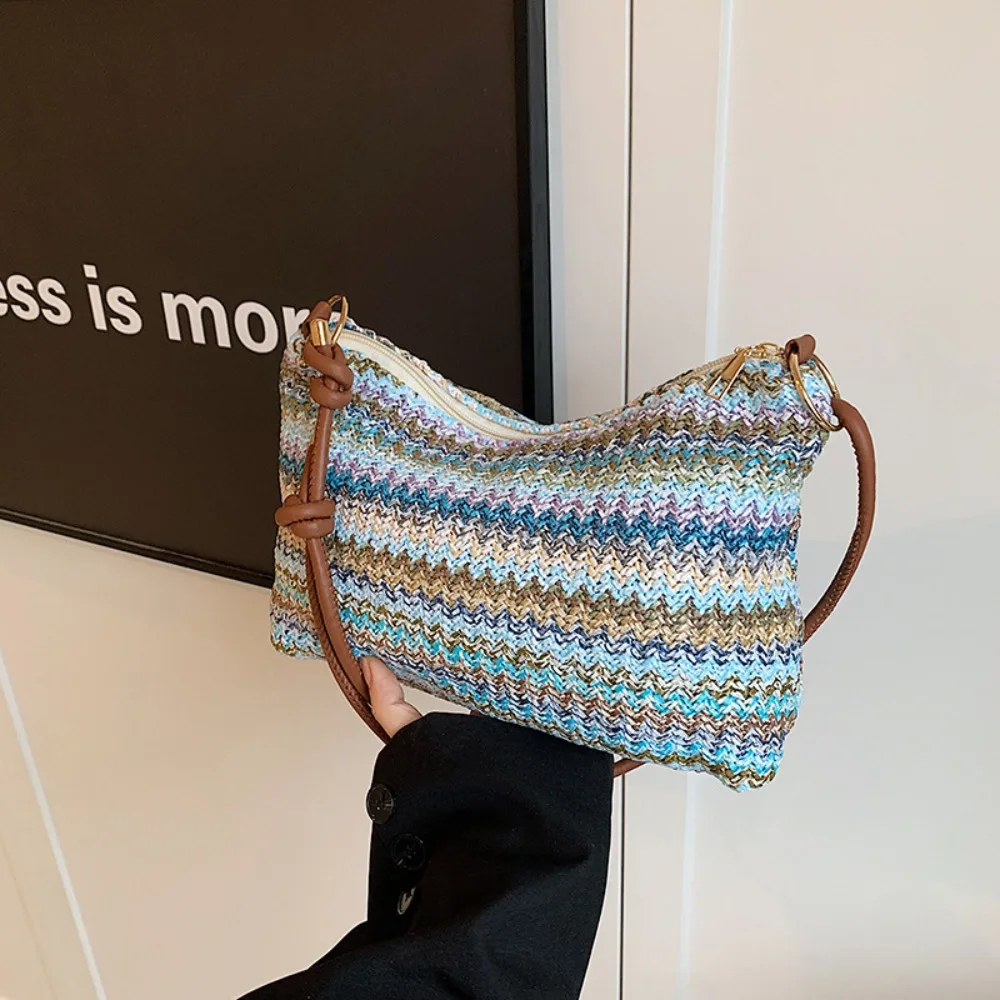 Bolso de Hombro Ligero de Paja con Cierre de Cremallera, Gran Capacidad, Bolso de Rafia a Rayas, Bolso de Playa de Ratán Tejido a Crochet para Fiesta, Boda, Noche