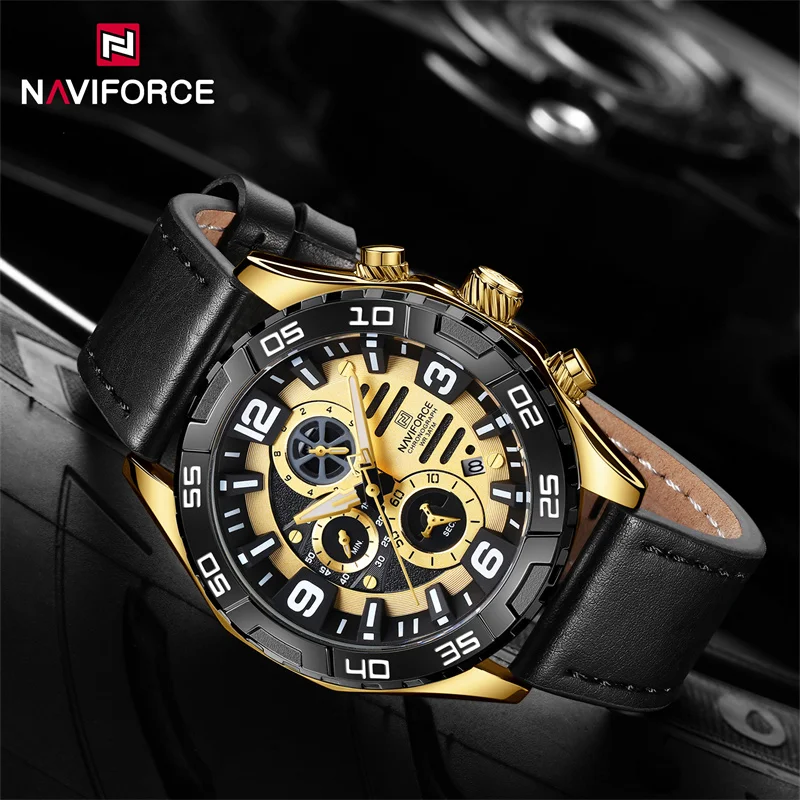 NAVIFORCE-Reloj de pulsera de cuarzo para hombre, cronógrafo de lujo, con correa de cuero genuino, deportivo, resistente al agua, 2024