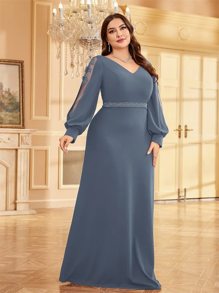 XUIBOL Plus Size Elegant Blue Applique Evening Dress 2024 Women Formal Maxi Prom Long Sleeves Party Dress Luxury Cocktail Prom