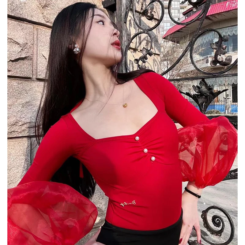 2024 Red Ballroom Dance Performance Clothes Bubble Sleeves Tops Adult Latin Practice Wear Rumba Samba Cha Cha Bodysuit DNV19350