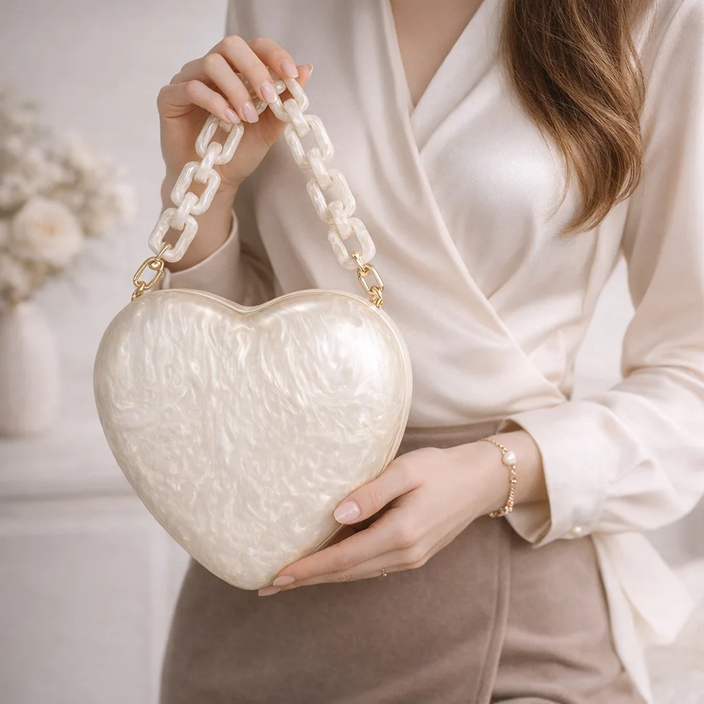 

Wedding Bag Crossbody Chain Clutch Evening Heart Shape Acrylic New Arrival Banquet Shoulder Off-white Fashion Women's Wallets