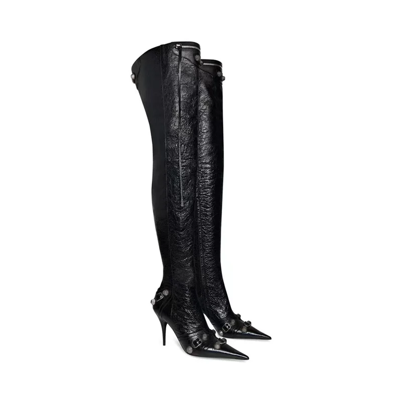 2023 Brand New Rivet Black Over Knee Boots Women's Autumn Winter Sexy Slim Fit High Heels Fashion Walk Show Boots Big Size 42 43