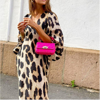 Leopard Printed Lantern Long Sleeved Dress Women's Loose V-neck High Street Elegant Casual Dresses Autumn Robe Clothes