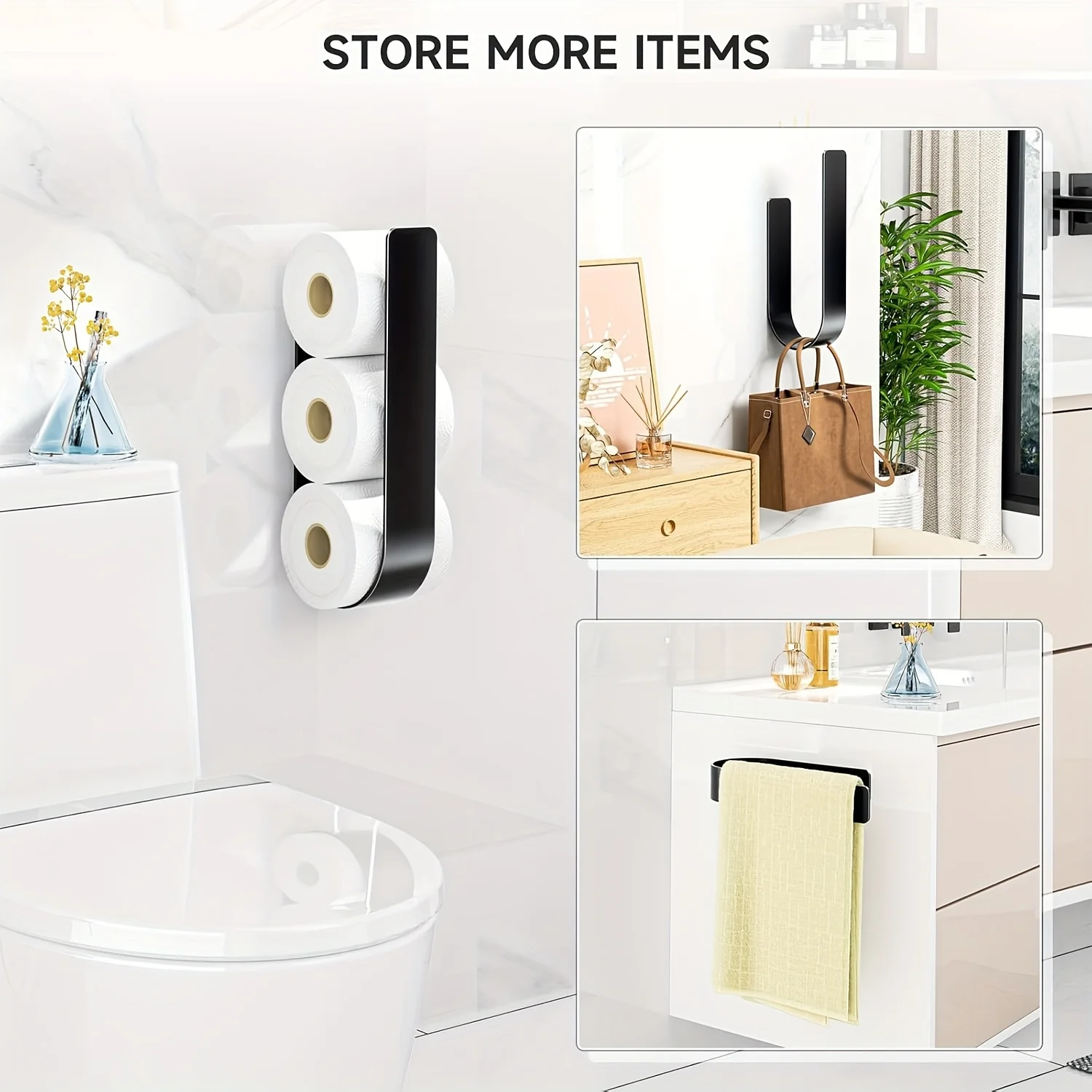 

3-in-1 Wall-Mounted Toilet Paper Holder with Towel Rack & Hooks-Black Metal,Space-Saving Design for Bathroom,Kitchen,Living Room
