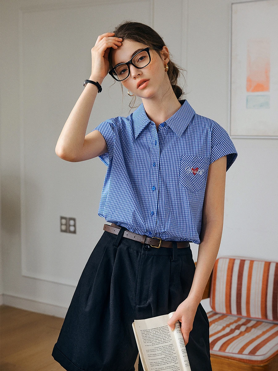 OLrain Summer Blue Plaid Shirt Women 2025 Ladies Casual Short Sleeve Letter Embroider Pocket Woman Shirts & Blouses O57XC98016