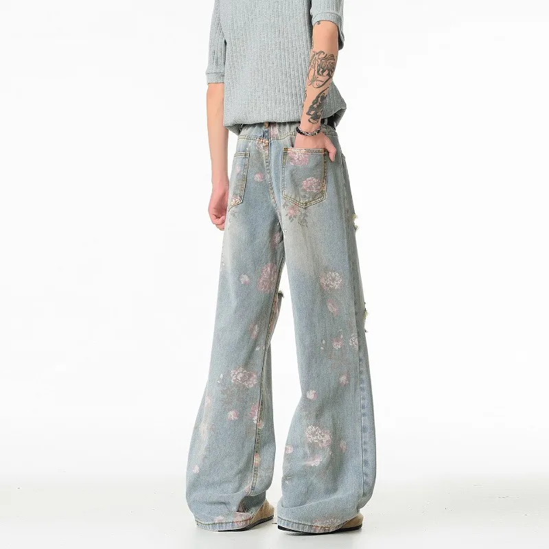 

Men's Retro Floral & Ripped Baggy Denim Pants American High Street Loose Straight Leg Streetwear Jeans