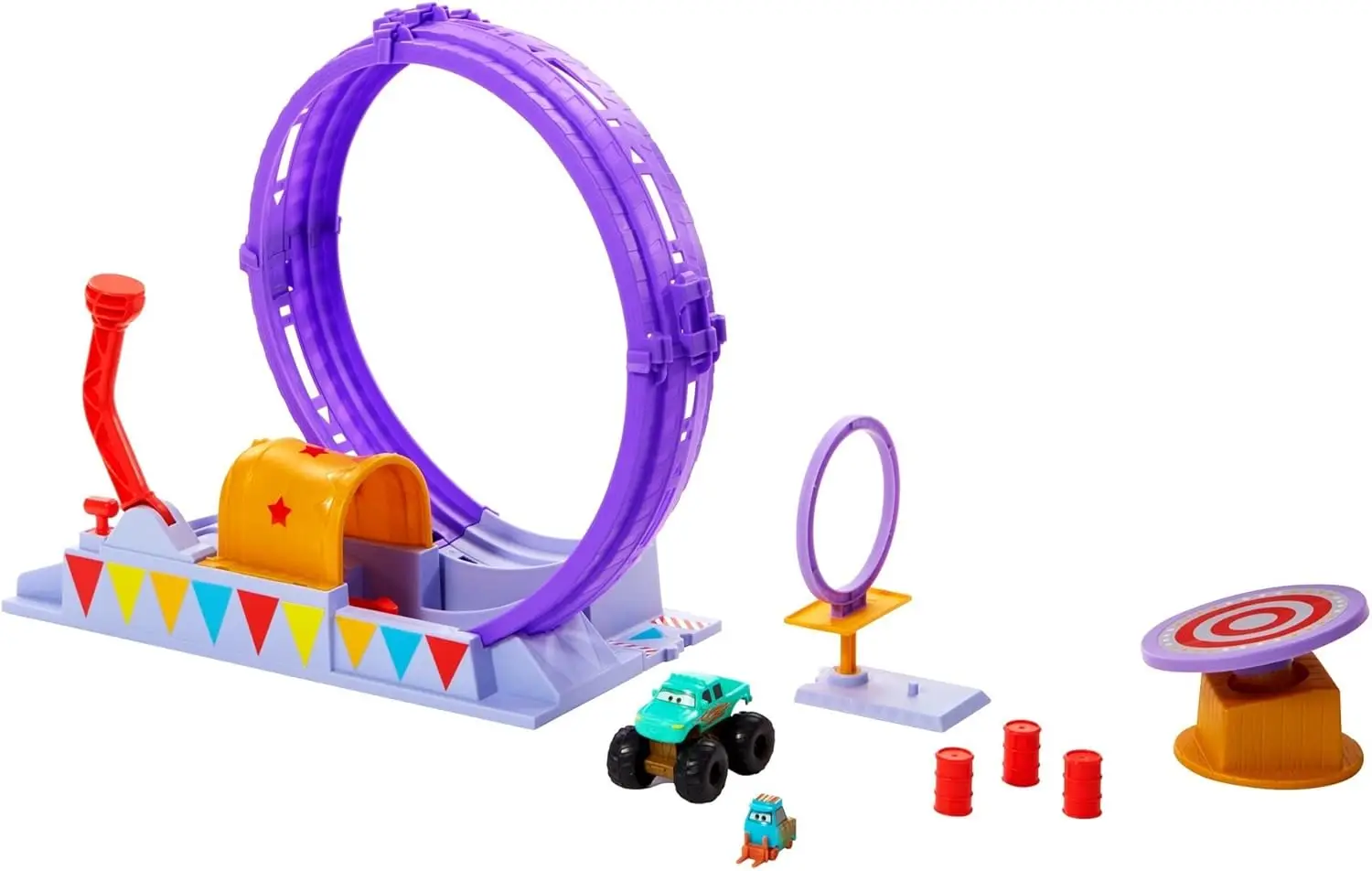 

Pixar Cars On The Road Showtime Loop Playset with Ivy Monster Truck, Launcher and Movable Target, Toy Gift for Kids, HGV73