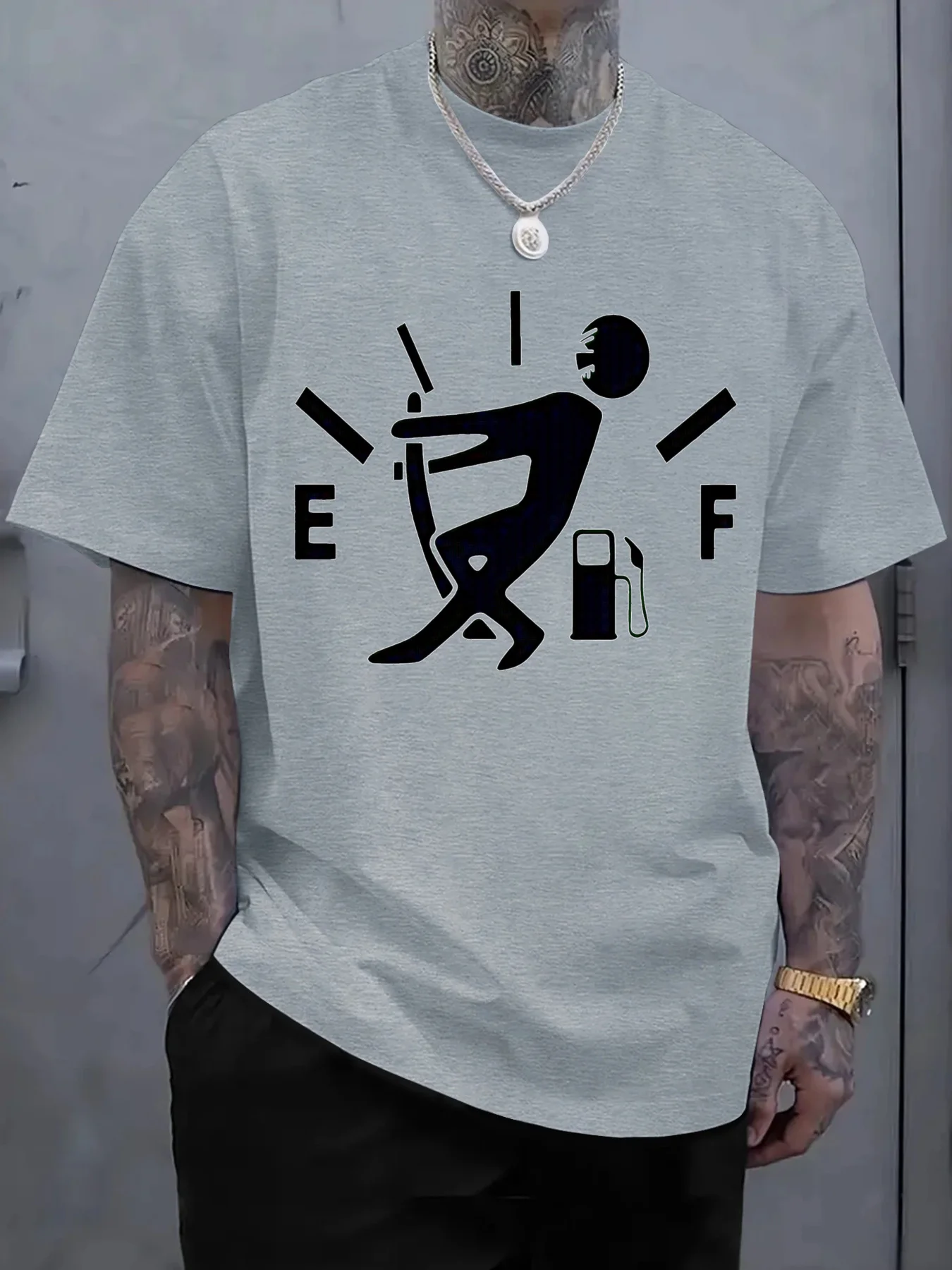 2025 Men'S New Pure Cotton T-shirt Creative Fuel Gauge Running Man Design Comfortable and Stylish Ideal for Daily Wear