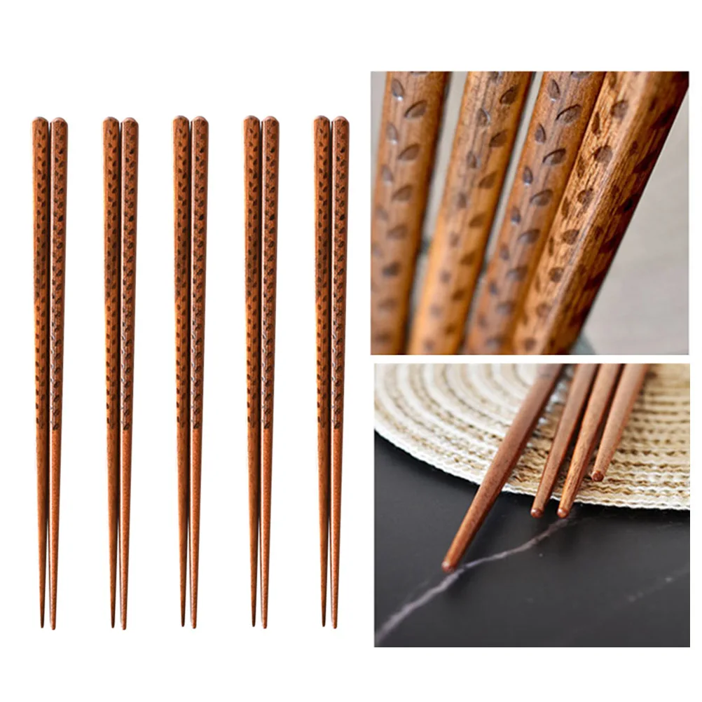 

10pcs Wooden Chopsticks Natural Hardwood Grain Pattern Kitchen Dining Tableware Sushi Set Practical Style Storage