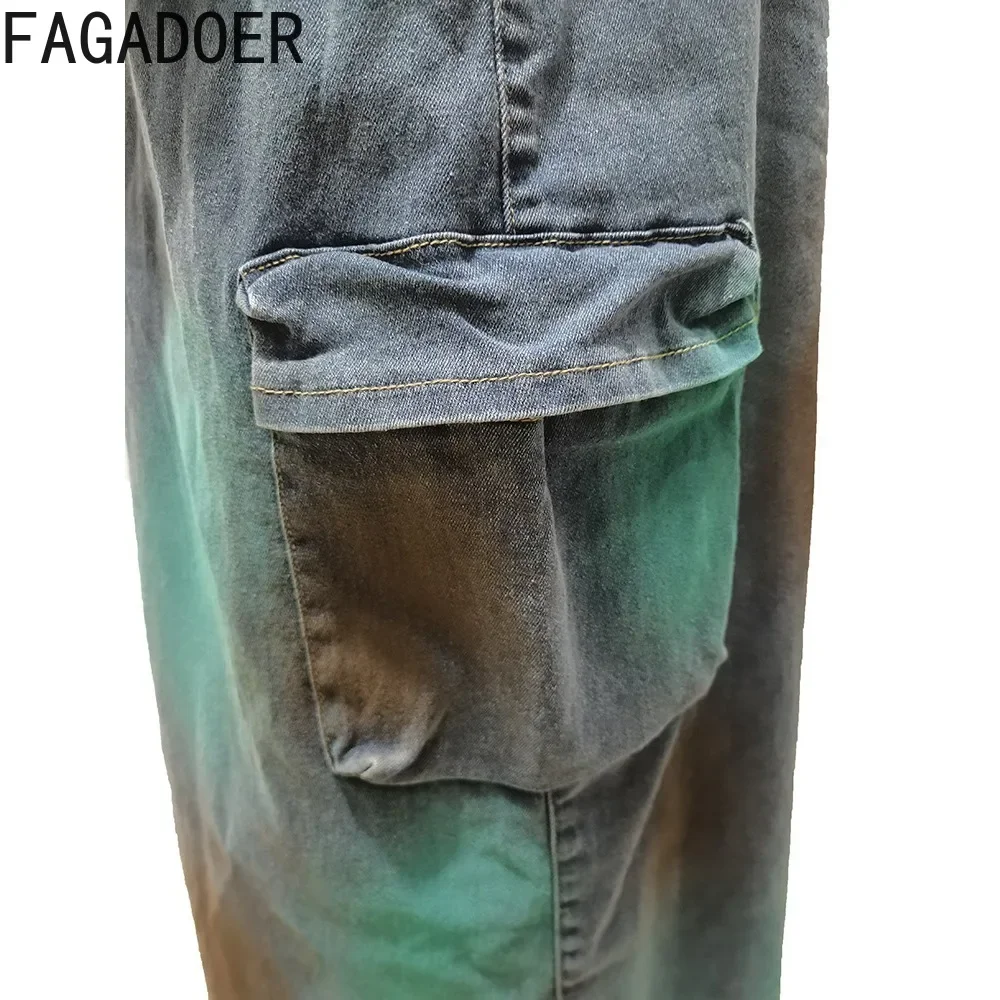 FAGADOER Sexy Off Shoulder Pocket Cargo Denim Dresses Women Button Slit Tie Dye Print Cowboy Tube Dress Fashion Street Vestidos