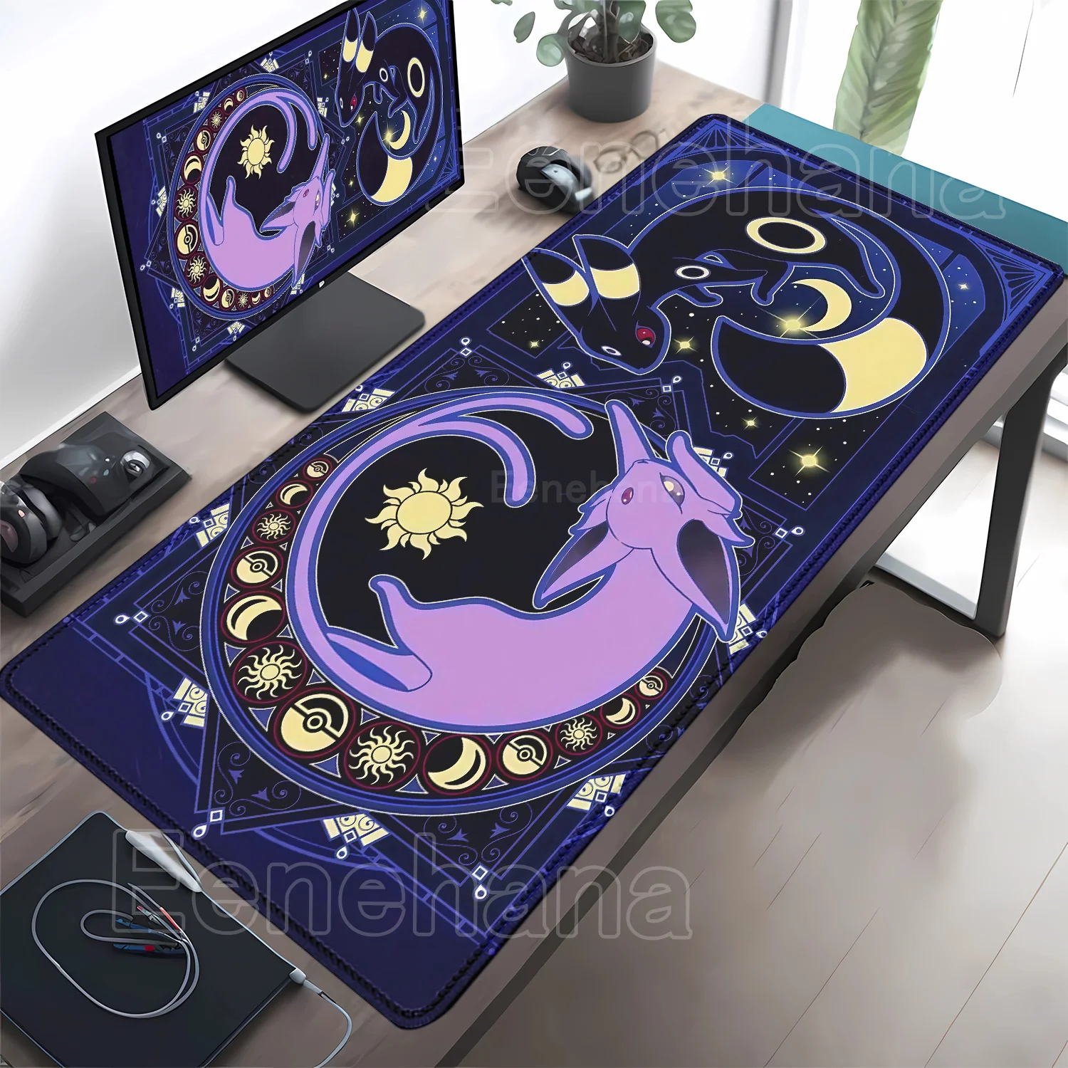Mouse Pad Gamer Anime Eevee Pokémon Kawaii XXL para Teclado de PC, Tapete de Borracha com Impressão HD, Acessório de Escritório, Tapete de Mesa com Borda Costurada