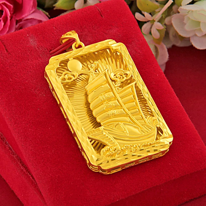 men smooth sailing gold pendant for men, made of 24K pure gold AU999, vintage matte sailboat gold pendant for daily oriental men