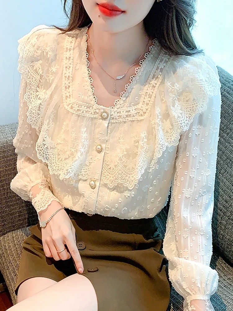 Autumn Blouse Women Long Sleeve Ruffles V-Neck Lace Blouse Shirt Women Tops Blusas Mujer De Moda 2024 Blouses Shirts Blusa G230