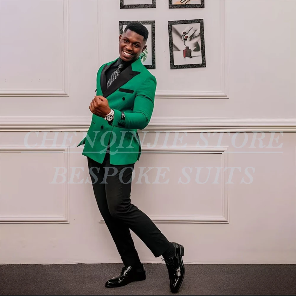 

Stylish Men's Suits Elegant Double Breasted Black Peak Lapel Blazer Spli 2 Piece Jacket Pants Evening Male Clothing