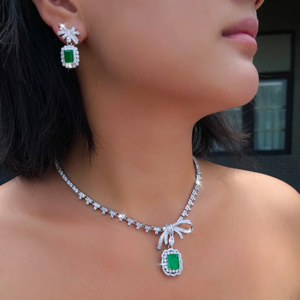 CWWZircons Bowknot Green CZ Jewelry Set Rectangle Cut Zircon Necklace Dangle Earrings Women Bridal Wedding Banquet Jewelry T1037