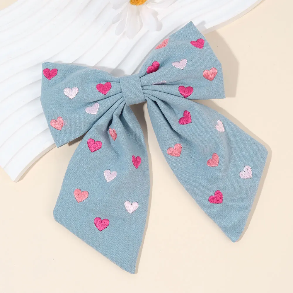 1/2PCS Embroidered Love Heart Bow Hair Clip Vintage Ribbon Flower Hairpin For Girls Handmand Children Barrettes Kids Headwear