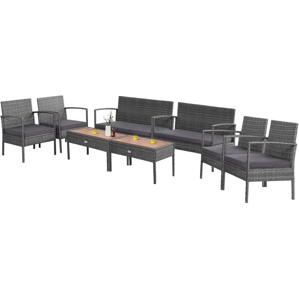 8-Piece Rattan Outdoor Patio Set with Cushions, Steel Frame, Acacia Wood Table for Garden, Deck, or Poolside