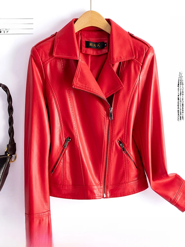  Ning Genuine Leather Jaet Women's ort Sle Casual Motorcycle Leather Coat Spring Autumn Zipper Long Sve Slim Fit