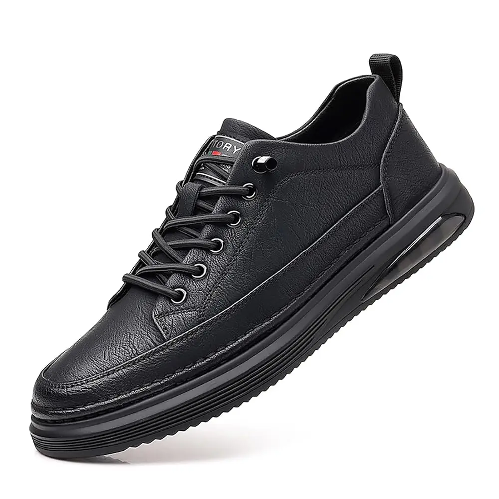 

Men's Leather Fashion Sneakers Simple Handmade Vintage Low Top Round-Toe Elastic Lace Up Slip on Casual Shoes Comfortable Non