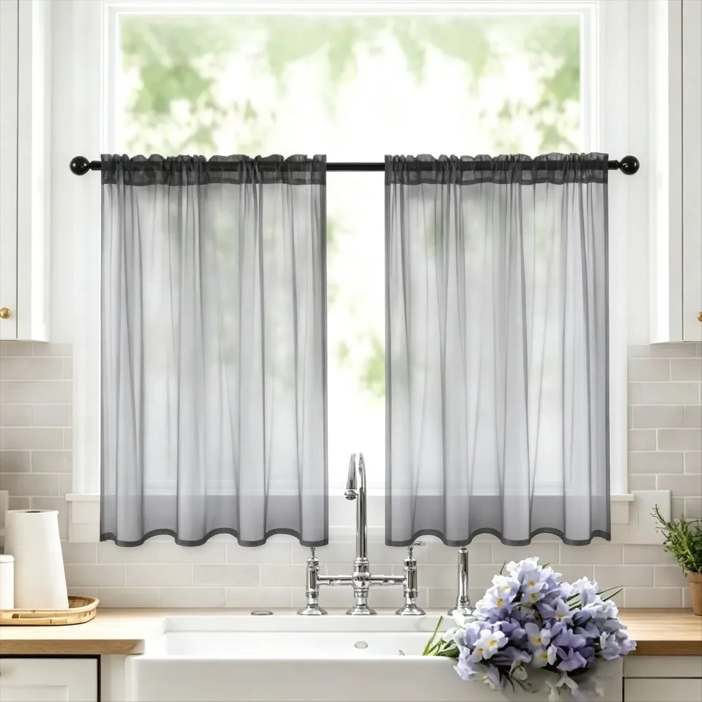 2Pcs Solid Color Transparent Terylene Gauze Short Curtains Sheer Window Curtains for Kitchen Bathroom Living Room Home Decor