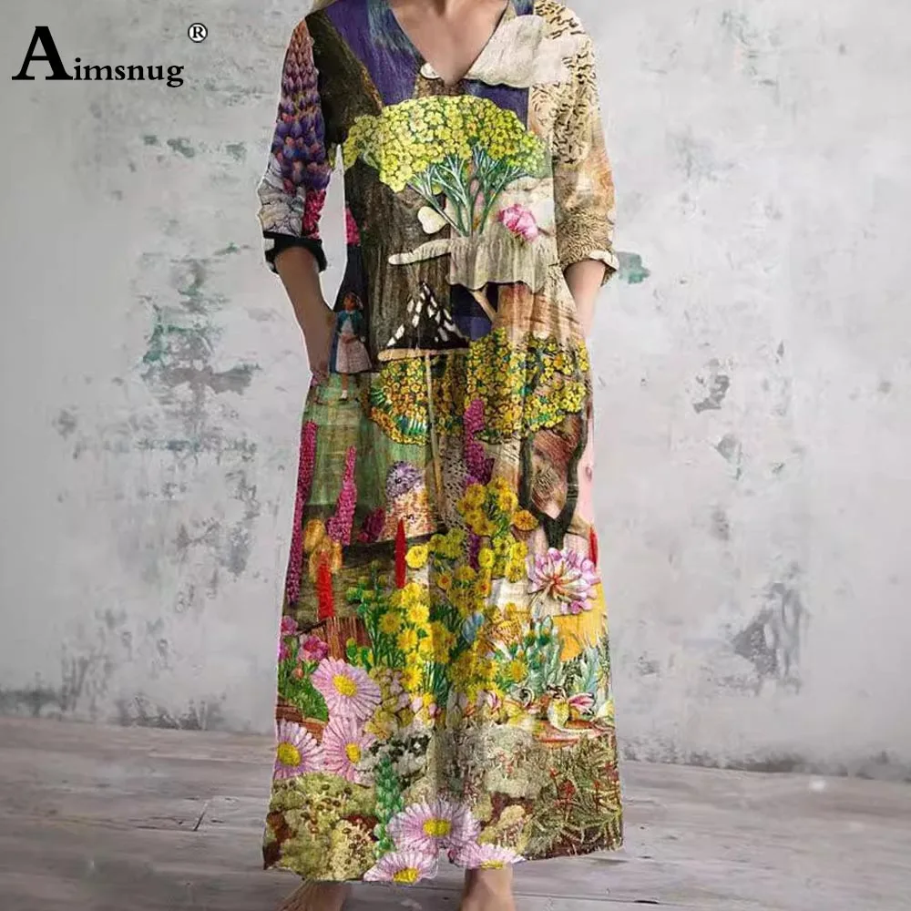 Aimsnug Plus Size Damen Casual Boho Blumendruck Langes Kleid 2025, europäische lange Ärmel, Maxikleider, sexy Damenkleid mit V-Ausschnitt, Neu