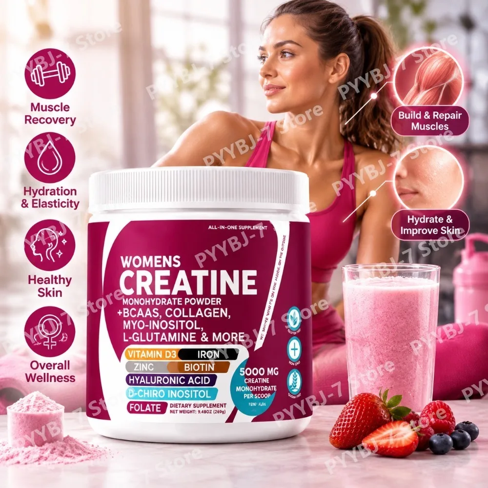 Women Workout Creatine Monohydrate Powder Collagen Myo-Inositol BCAA Blend for Muscle Recovery Skin Hydration Elasticity 269g