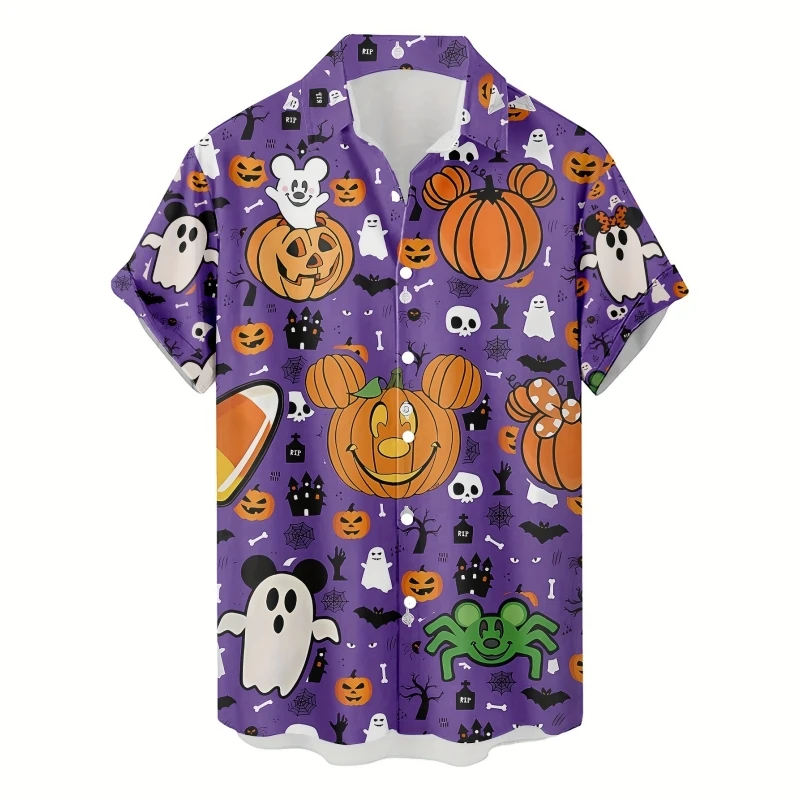 

Halloween Men's Shirts Pumpkin Head And Ghost Graphic Short Sleeve Loose Lapel Button Down Shirt Printed Tee Hawaiian Men Shirts