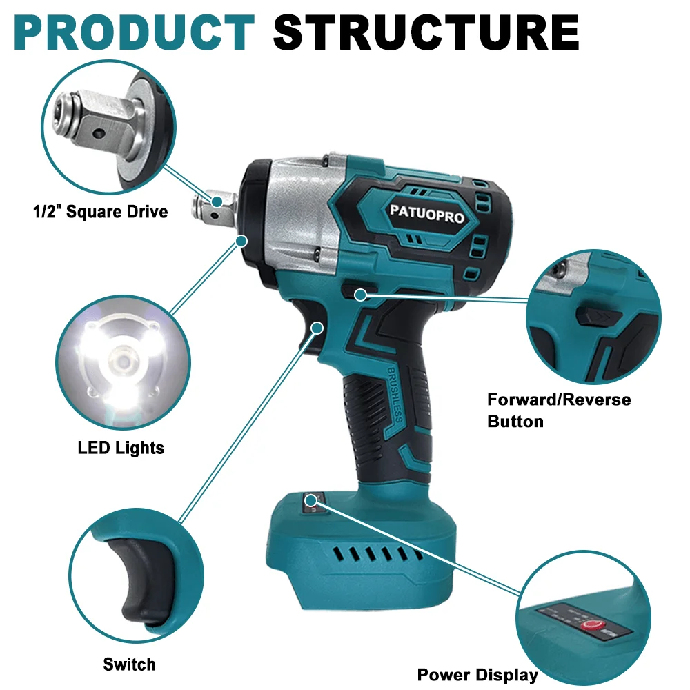 500N.m Brushless Rechargeable Impact Wrench 1/2inch Cordless Multifunctional Electric Wrench For Makita 18V Battery(No Battery）