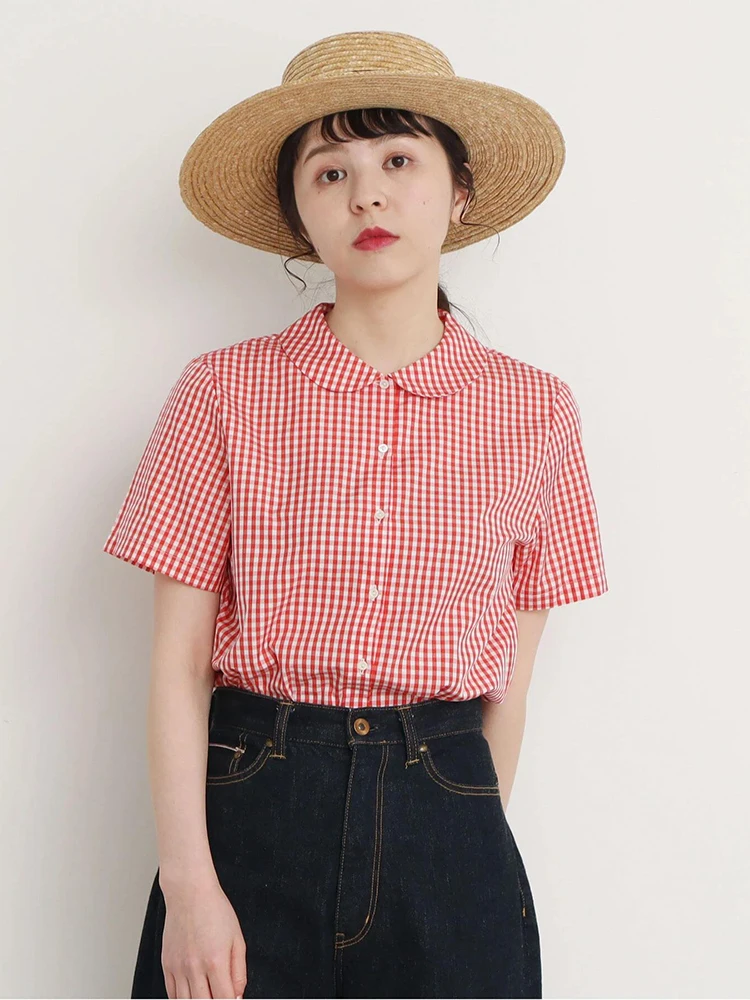 

Korean Sle Red Plaid ort Sve Loose Thin Doll Collar irt Women's Summer New Faion Small Size Trendy Button up Blouse