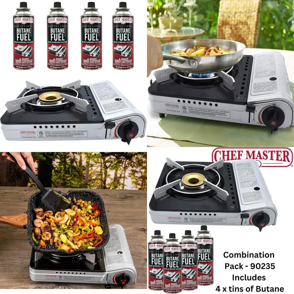 

Портативный набор для кемпинга: газовая плита на бутане с 4 газовыми баллонами, двойная защита от ветра для приключений на природе