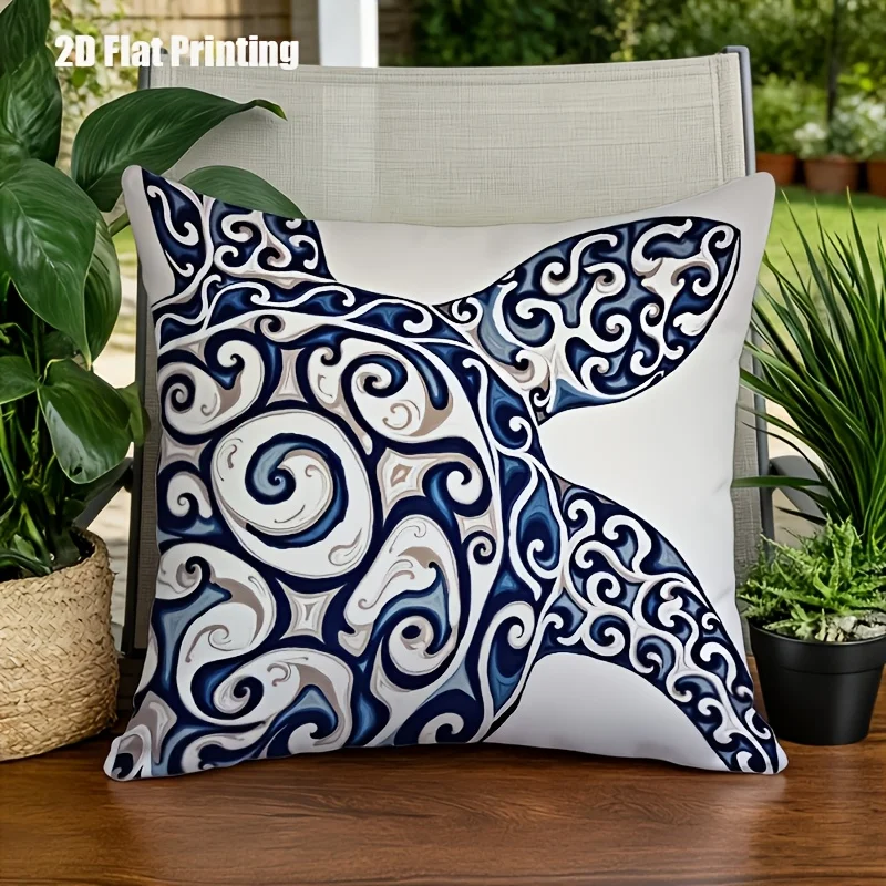 Double Sided Marine Blue and White Sea Turtle Print Throw Pillow Cover for Indoor and Outdoor Garden Sofa Decor