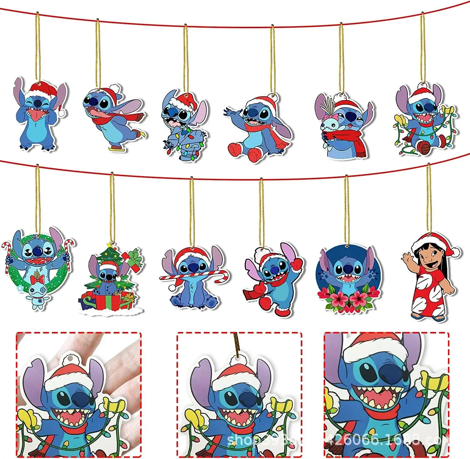 12pcs Disney Stitch Christmas Tree Ornaments Pendant Doll Toy Wooden Anime Hanging Decor Christmas Home Party Supplies kids Gift